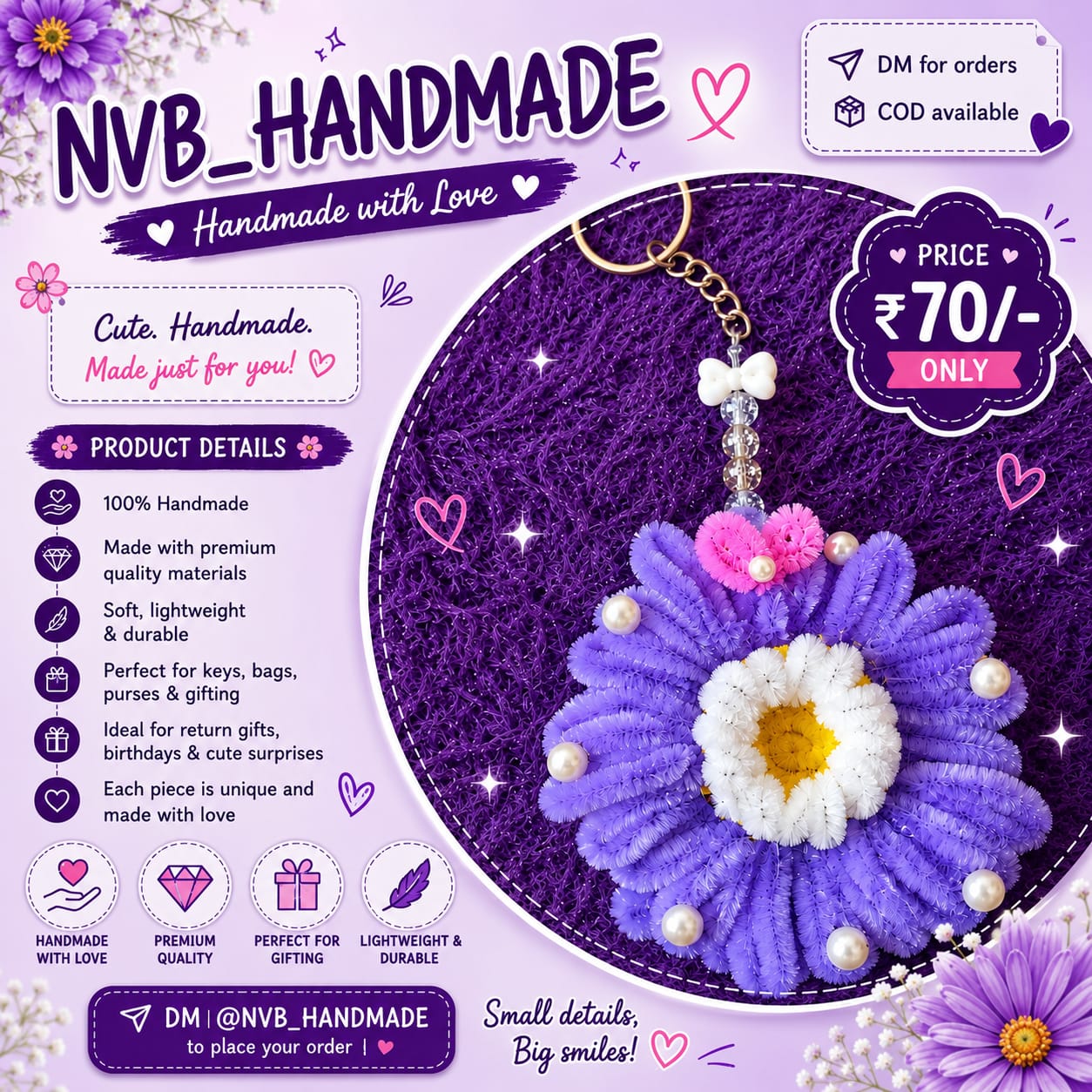 Premium Purple Flower Keychain - NVB Handmade